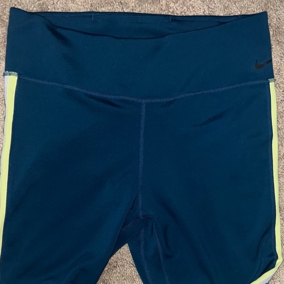 Nike Dri Fit Leggings Teal Striped White Neon Yellow Logo On Leg Size Large - Picture 14 of 15